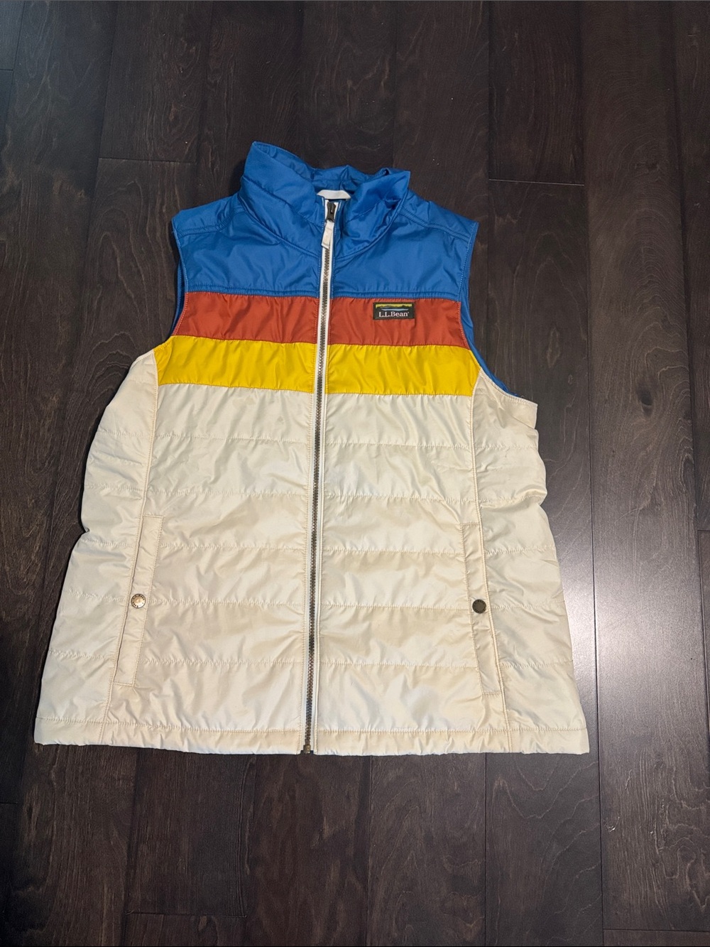 LL Bean Colorblock Puffer Vest - Blue, Orange, Yellow, Cream